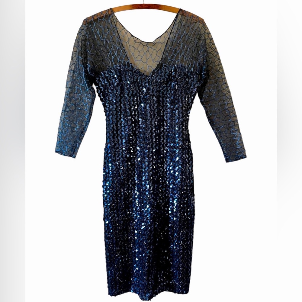 1970’s/80’s New Leaf by Samir midnight blue sequined sheer sleeve wiggle dress